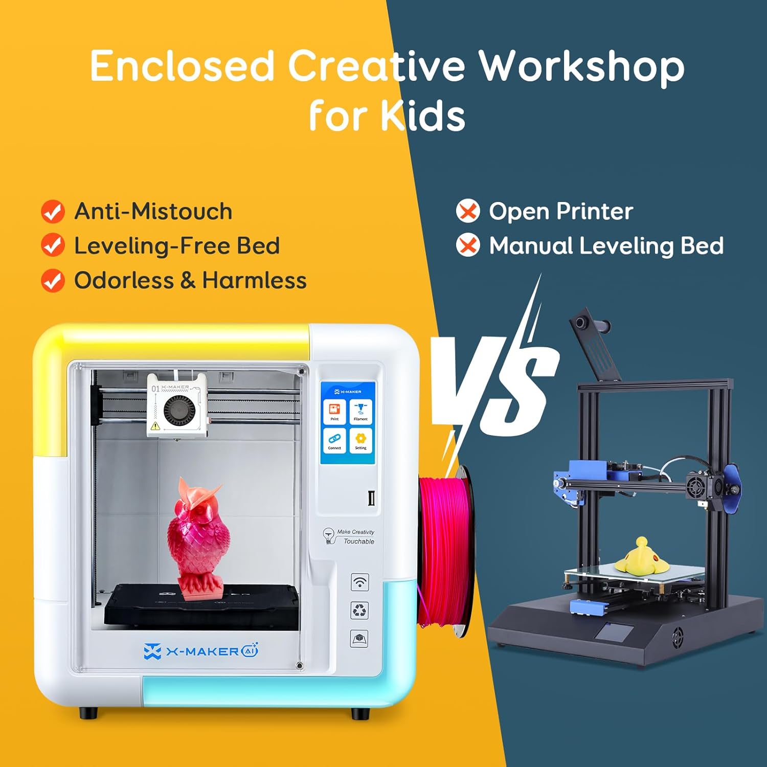 AOSEED 3D Printer for Kids & Beginners, AI-Powered Fully Assembled 3D Printer with Up to 400mm/s Speed, Auto Leveling, 15 Mini Apps, Includes 8 PLA Filaments for Home and School Use, X-MAKER AI+
