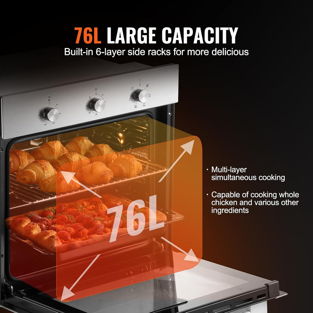 VEVOR Single Wall Oven, 2.68 Cu.Ft Electric Wall Ovens with Timer, 24' Built-in Electric Wall Oven with 6 Cooking Functions, Mechanical Knob Control Convection Wall Oven with Baking Rack and Tray