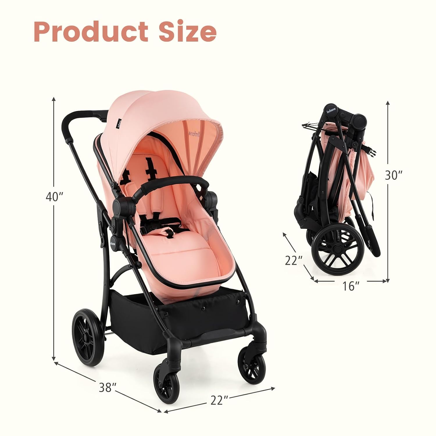 INFANS 2 in 1 Baby Stroller, Convertible Stroller with Bassinet Reversible Seat Adjustable Backrest Canopy One Hand Fold, Compact Toddler Pushchair for Kids Infants Newborns 0-36 Months
