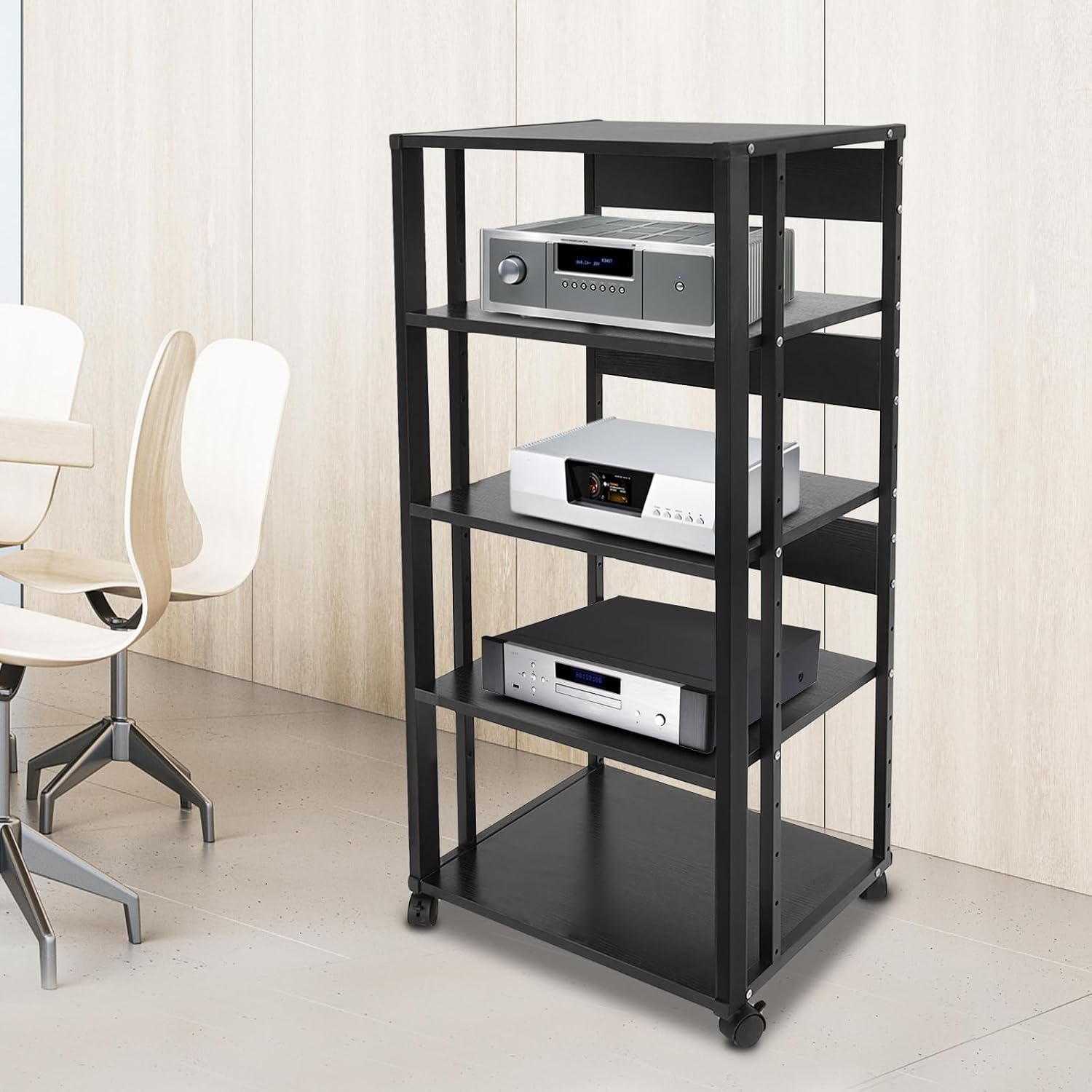 Rolling AV Media Stand Rack 5-Tier Audio Storage Cabinet Heavy Duty Steel Record Player Display Shelf Organizer Modern Stereo Audio Holder Tower with Lockable Wheels for Home Office Theater, Black