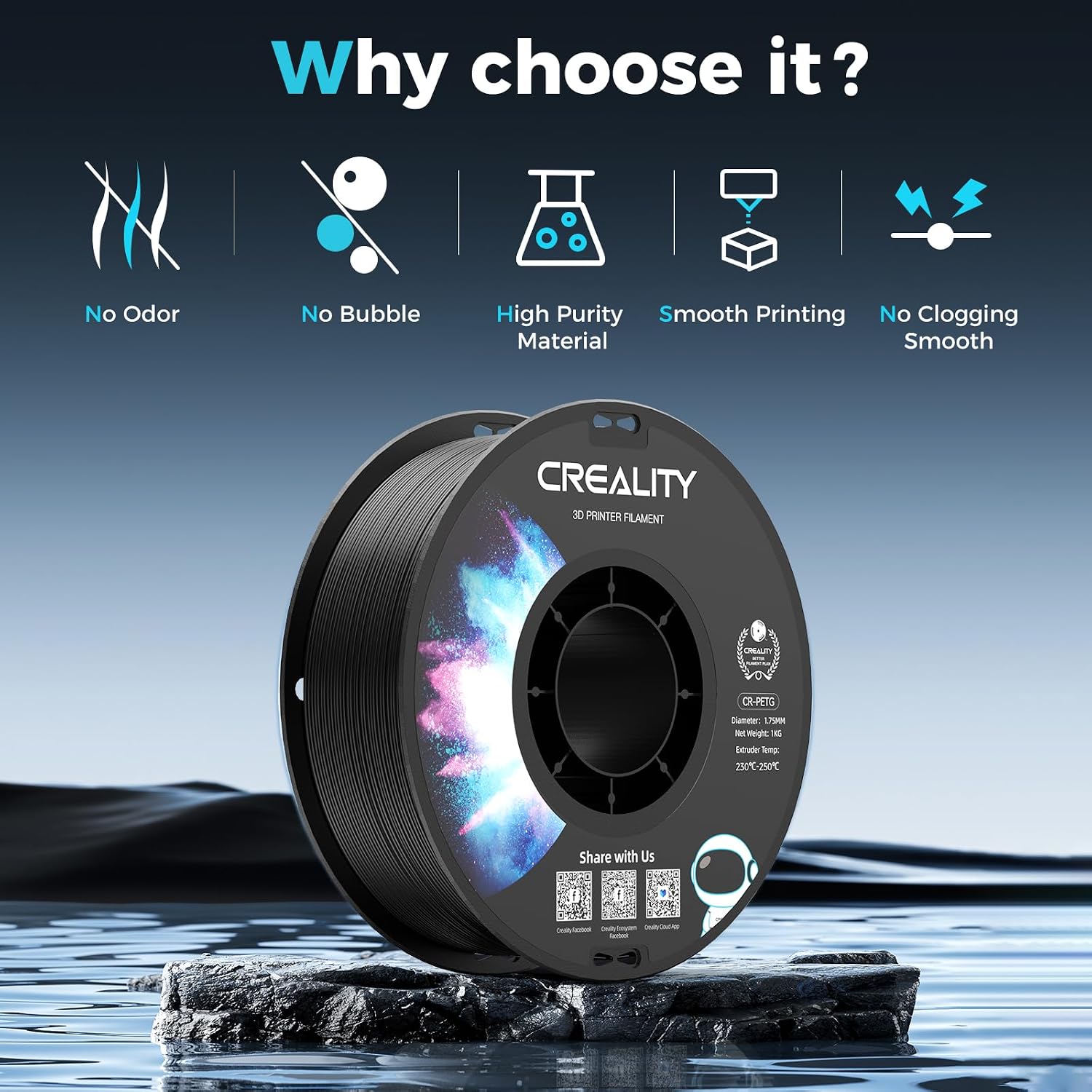Creality PETG Filament 1.75 3D Printer Filament:Excellent Toughness High Precision Dimensional Accuracy +/- 0.02 mm, 12kg Spool(26 lbs) Fits for Most FDM 3D Printers,Black