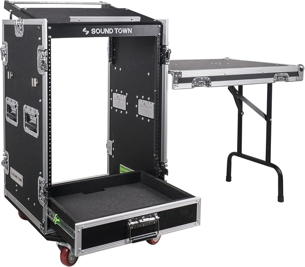 Sound Town 16U PA DJ Pro Audio Rack/Road ATA Case with 2U Drawer, 11U Slant Mixer Top, DJ Work Table, Casters, Pro Tour Grade (MR-DR16UT)