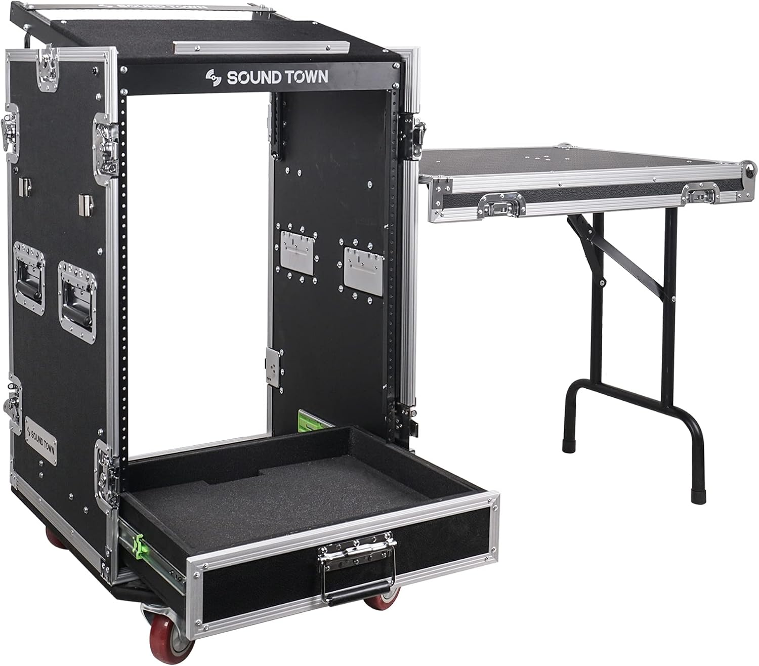 Sound Town 16U PA DJ Pro Audio Rack/Road ATA Case with 2U Drawer, 11U Slant Mixer Top, DJ Work Table, Casters, Pro Tour Grade (MR-DR16UT)