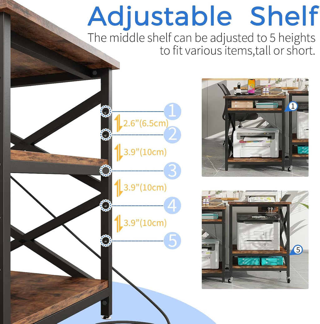 METYERRY Large Printer Stand with Power Outlet, with Height Adjustable Storage Shelf, 3 Tier Rolling Printer Cart with Industrial Wheels, 23.6 x 23.6 Inches Printer Table for Home Office, Rustic Brown