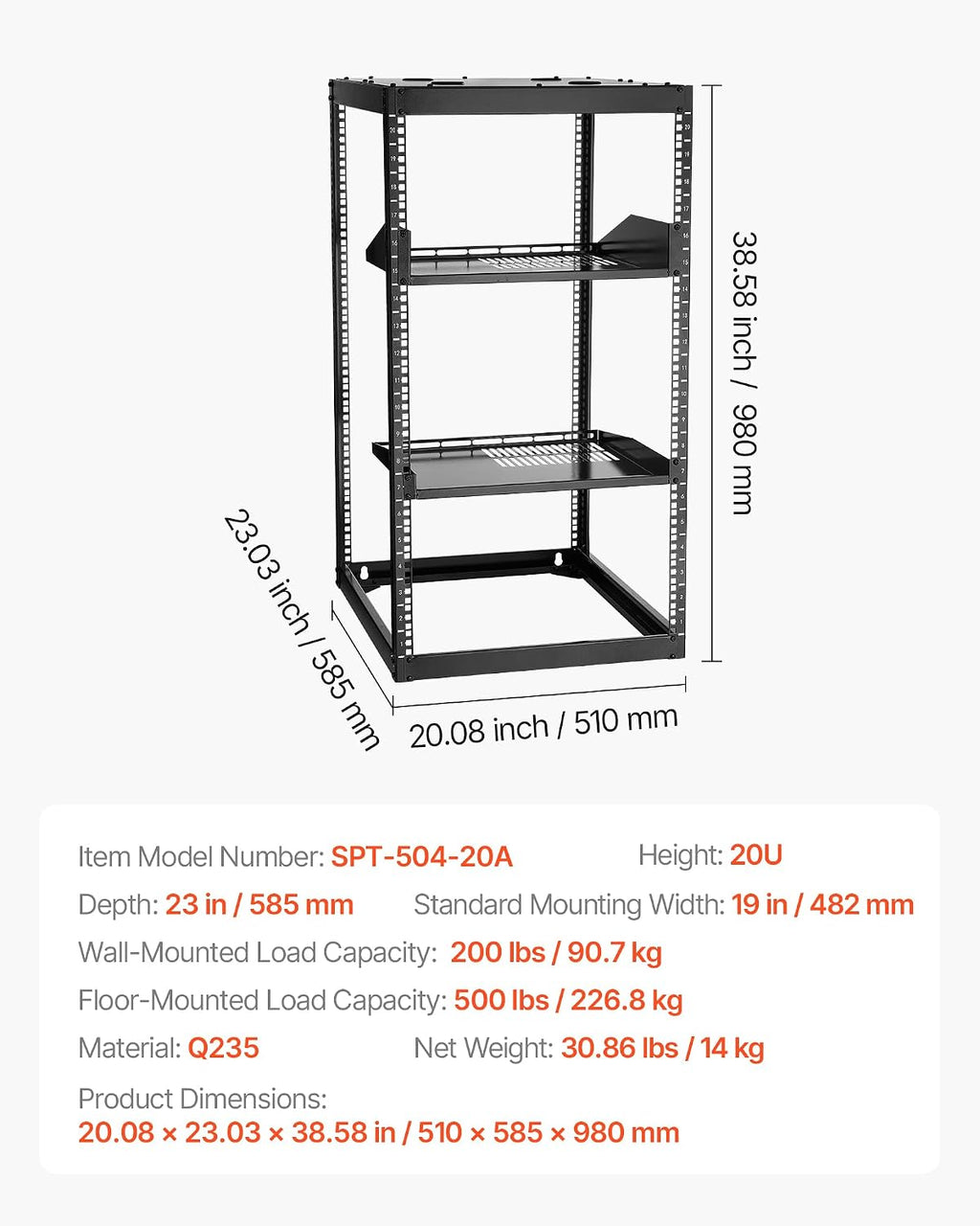 VEVOR 20U Server Rack, Open Frame Network Rack,4-Post Floor Standing or Wall Mounted, Includes 2PCS Vented 1U Rack Shelves & Mounting Hardware, Computer Wall Rack for 19' IT/AV Equipment