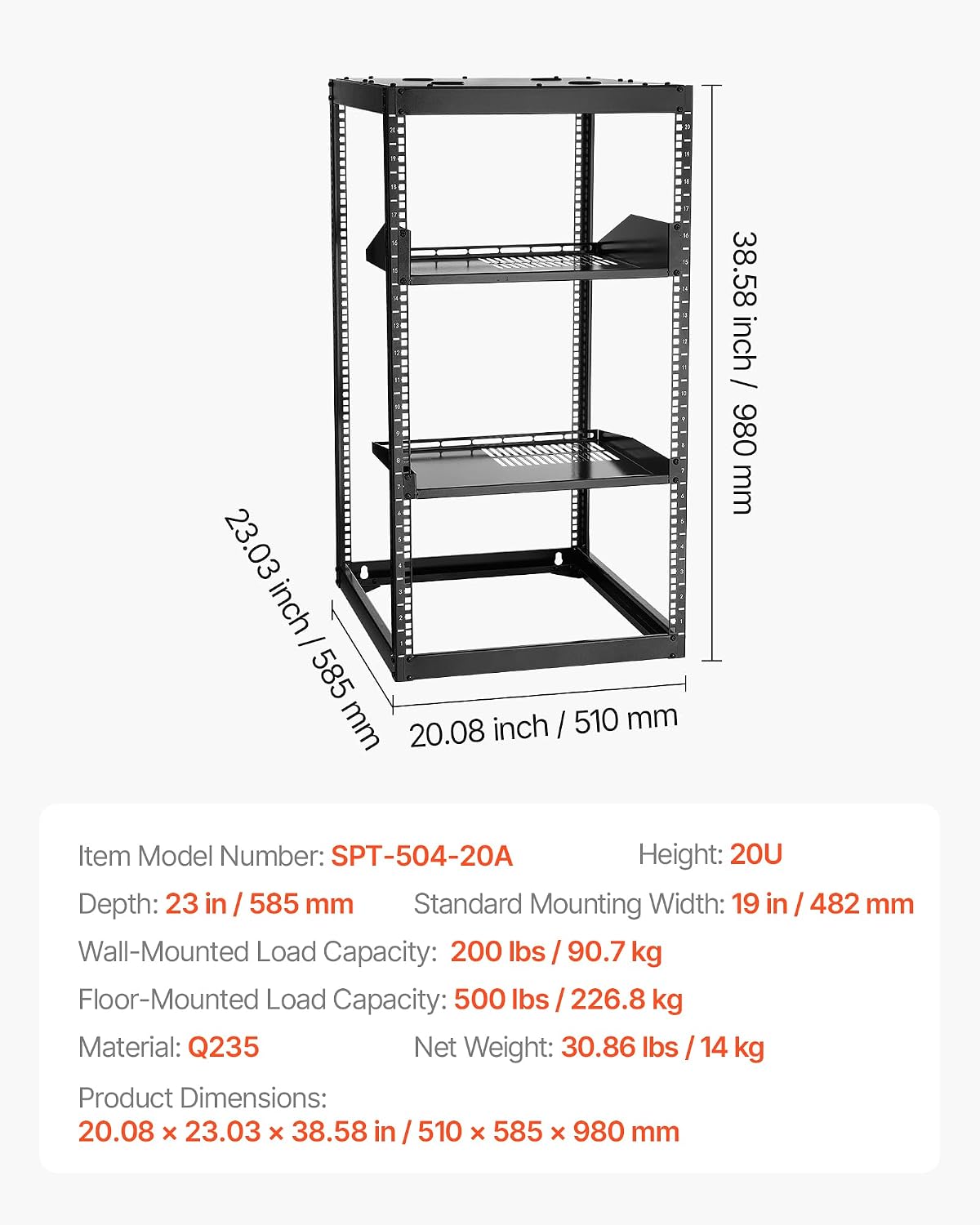 VEVOR 20U Server Rack, Open Frame Network Rack,4-Post Floor Standing or Wall Mounted, Includes 2PCS Vented 1U Rack Shelves & Mounting Hardware, Computer Wall Rack for 19' IT/AV Equipment