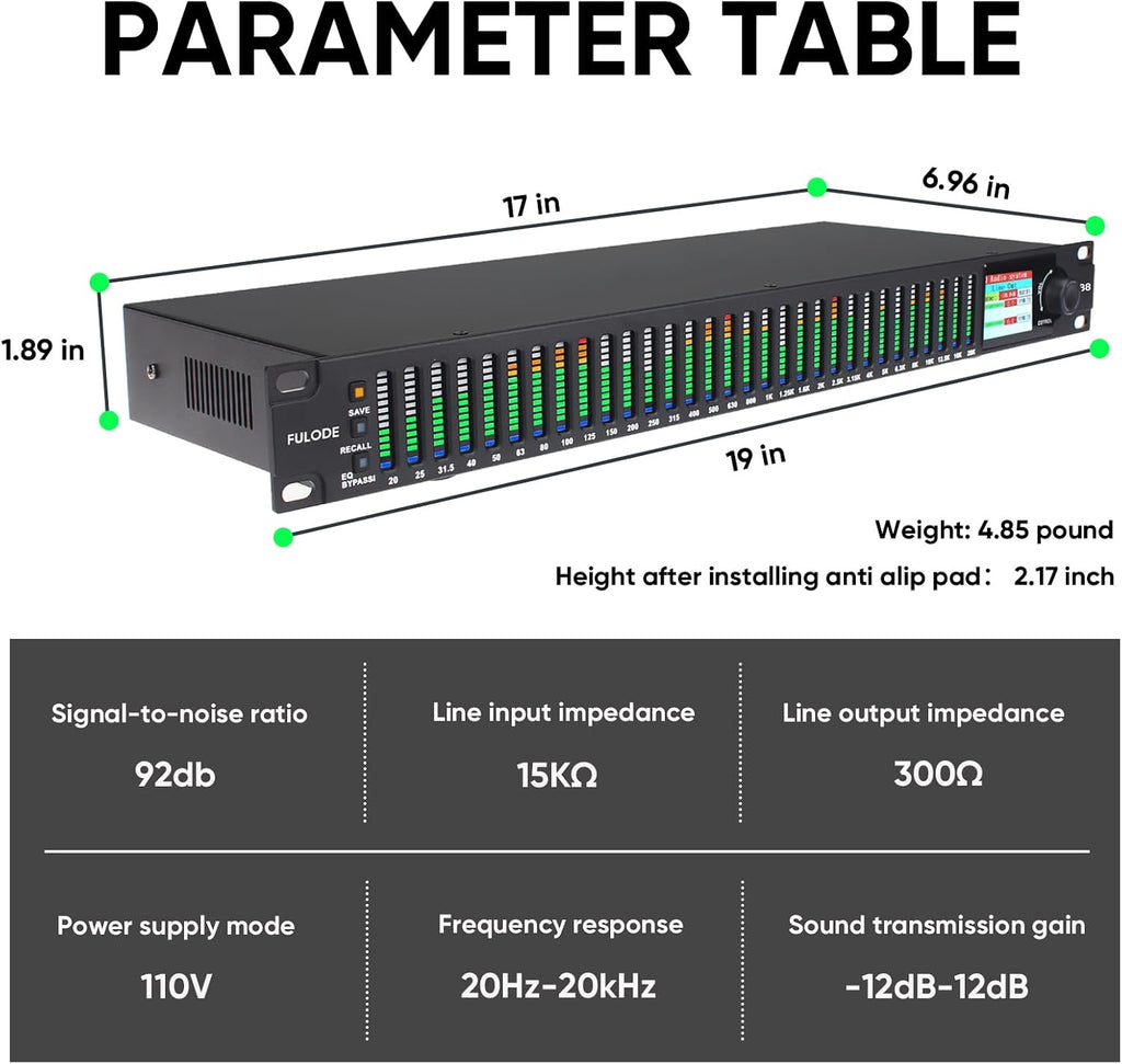 FX-888 Dual channel synchronized control 31-Band Digital equalizer Stereo Graphic EQ Noise Reduction Each segment with LED Spectrum Display Operation Content display large screen.