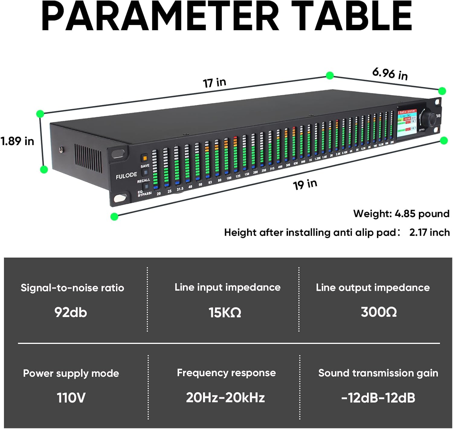 FX-888 Dual channel synchronized control 31-Band Digital equalizer Stereo Graphic EQ Noise Reduction Each segment with LED Spectrum Display Operation Content display large screen.