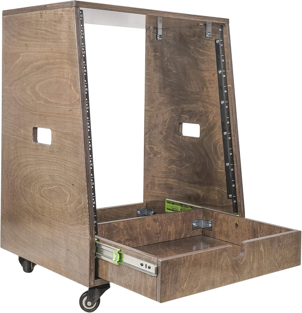 Sound Town 12U DIY Solid Baltic Birch Plywood Slanted Studio Rack with 12U Rack Space, Extra 2U Drawer, Rubber Feet, Casters, Weathered Brown (SDRK-12TBD2)