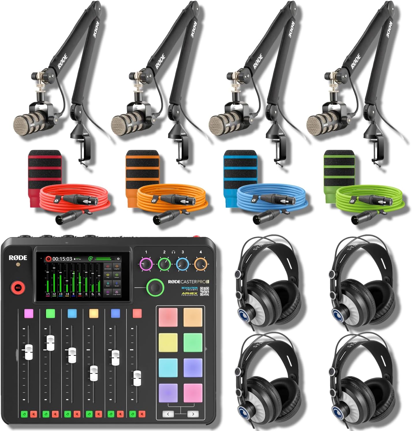 Rode RODECaster Pro 2 Complete Podcast Studio Kit with 4 PodMics, PSA1+ Boom Arms, StreamEye Cans50 Headphones, and Color-Coded XLR Cables