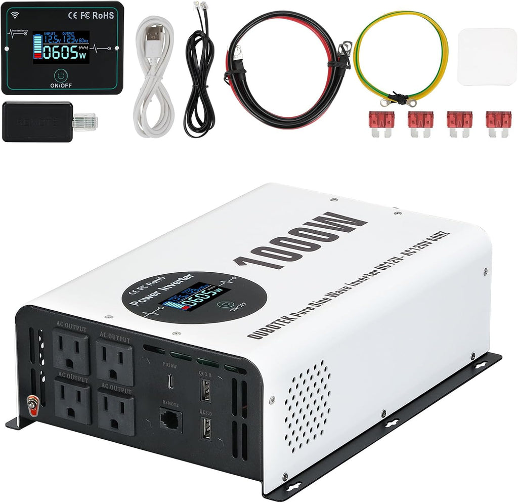 1000 Watts Power Inverter Peak Power 2000W Pure Sine Wave 12V DC to 120V AC RV Converter with Wireless Remote Control LCD Display 4 AC Outlets Dual USB Port Type C Off Grid Solar Inverter