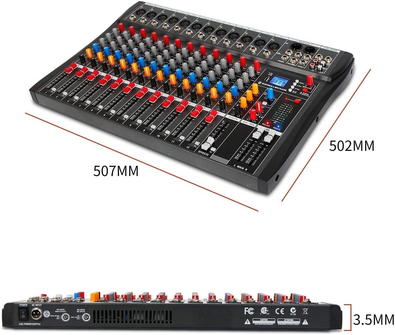 Depensheng DX12 DJ Sound Controller Interface w/USB Drive for Computer Recording 12-Channel Studio Audio Mixer - XLR Microphone Jack, 48V Power, RCA Input/Output for Professional and Beginners