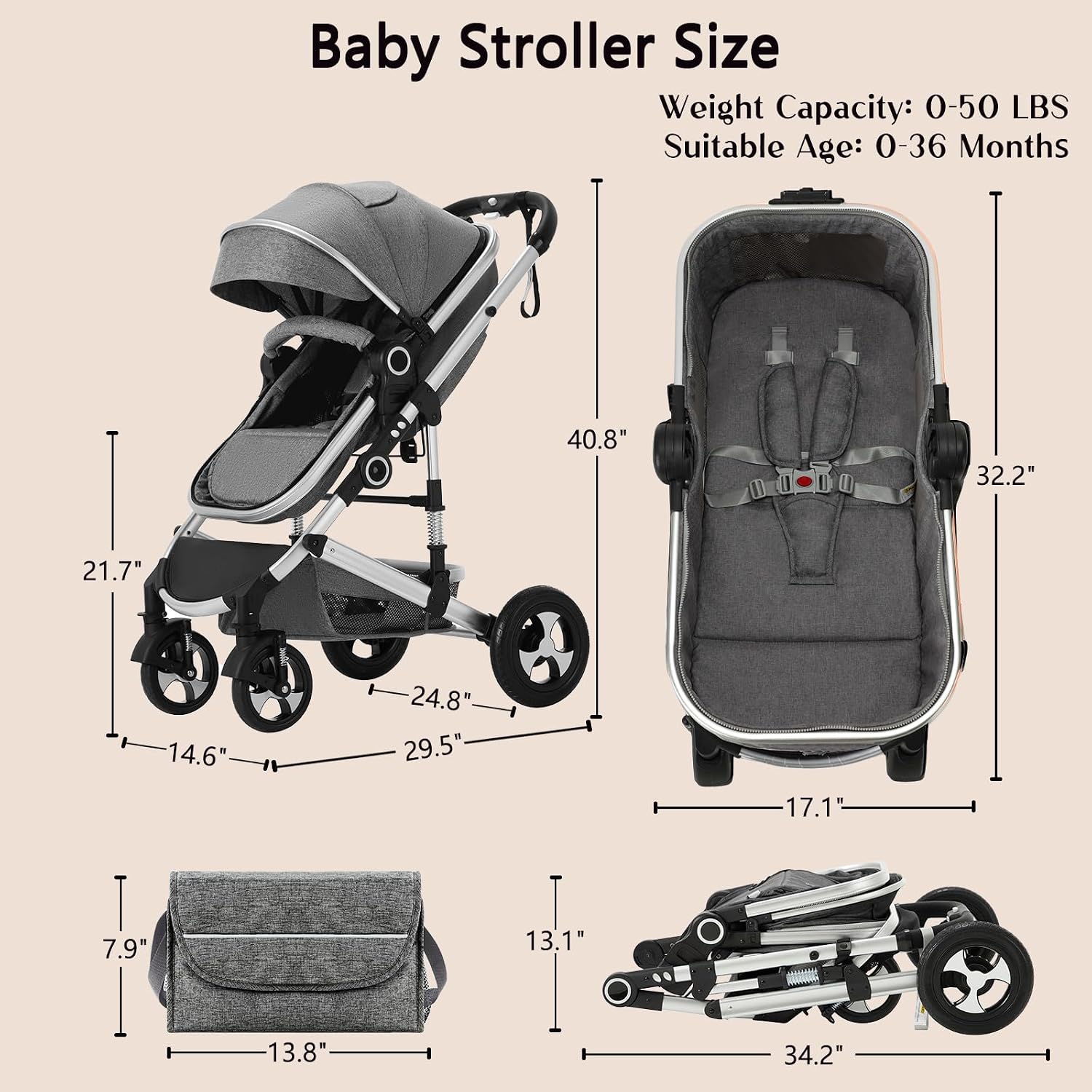 2 in 1 Baby Stroller, Convertible Pushchair Stroller w/Reversible Seat, Foldable Newborn Pram Carriage, Adjustable Canopy, Storage Basket, Diaper Bag & Cup Holder, 0-36 Months (Dark Gray)