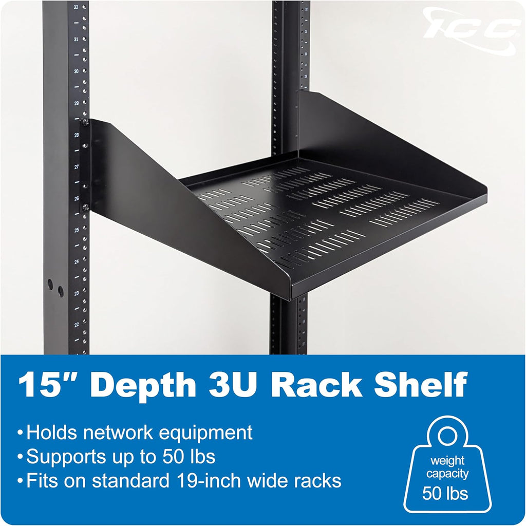 ICC 3U Cantilever Rack Shelf, Heavy-Duty Ventilated Steel Tray for 19' Network Equipment Racks, 15' Deep, 50 lbs Capacity, 2-Pack, Black