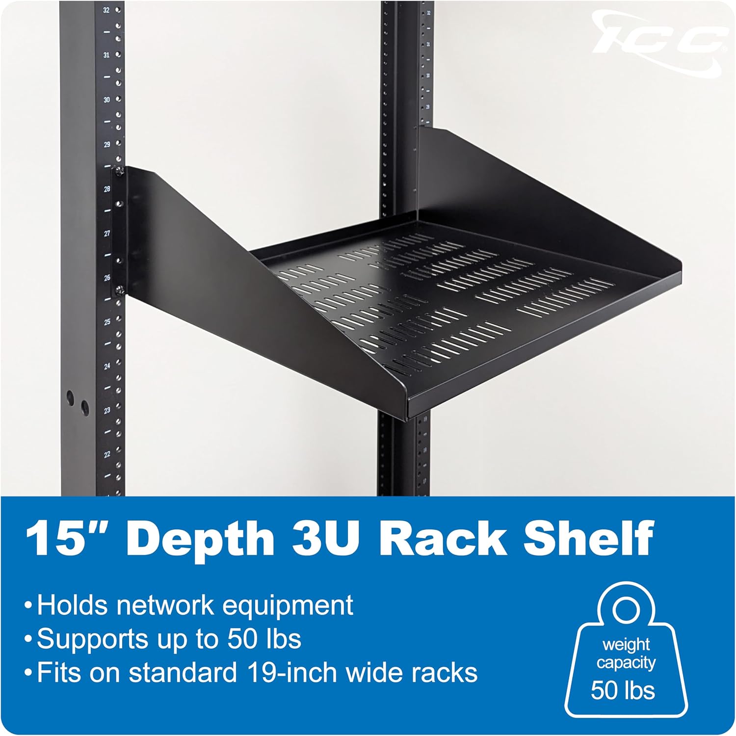 ICC 3U Cantilever Rack Shelf, Heavy-Duty Ventilated Steel Tray for 19' Network Equipment Racks, 15' Deep, 50 lbs Capacity, 2-Pack, Black