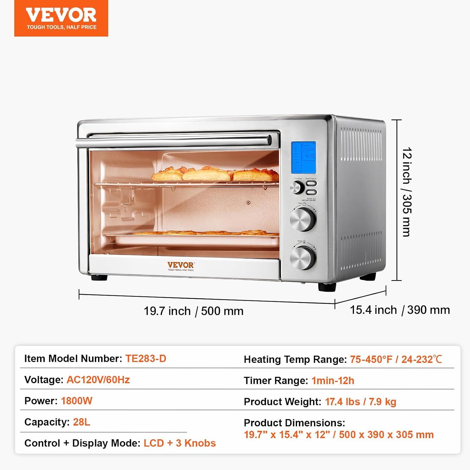 VEVOR Air Fryer Toaster Oven, 28L/29.6Qt Large Capacity 13 in 1 Functional Convection Oven, 1800W 2-Tier Toaster Ovens Countertop Combo with Wire Racks, Pizza Pan, Gloves, Home and Commercial Use