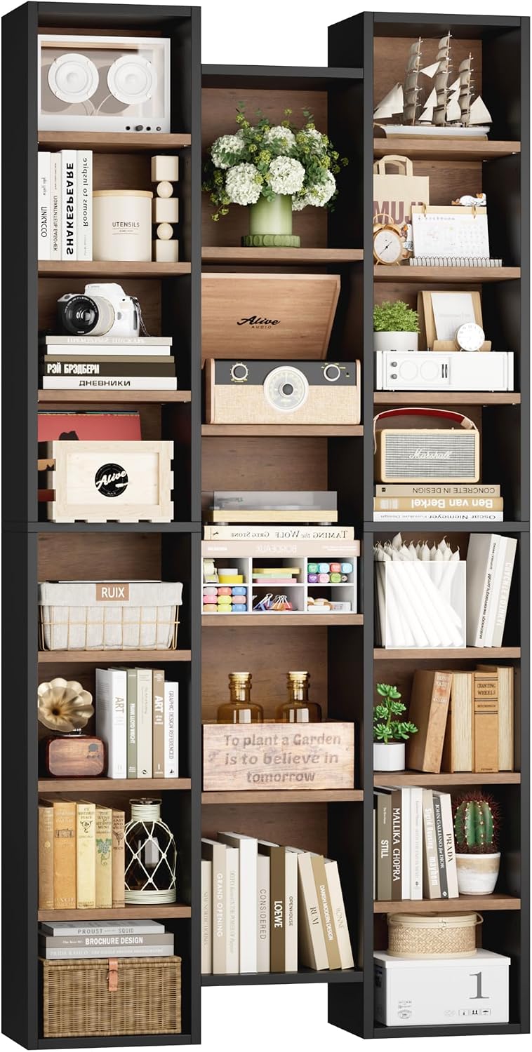FOTOSOK 71'' Tall Bookshelf with 21 Cubes, 8 Tier Triple Wide Bookshelf with 8 Adjustable Shelves, 35' Large Bookcase DVD/CD Media Tower Storage, Freestanding Display Shelf Cabinet, Black/Brown