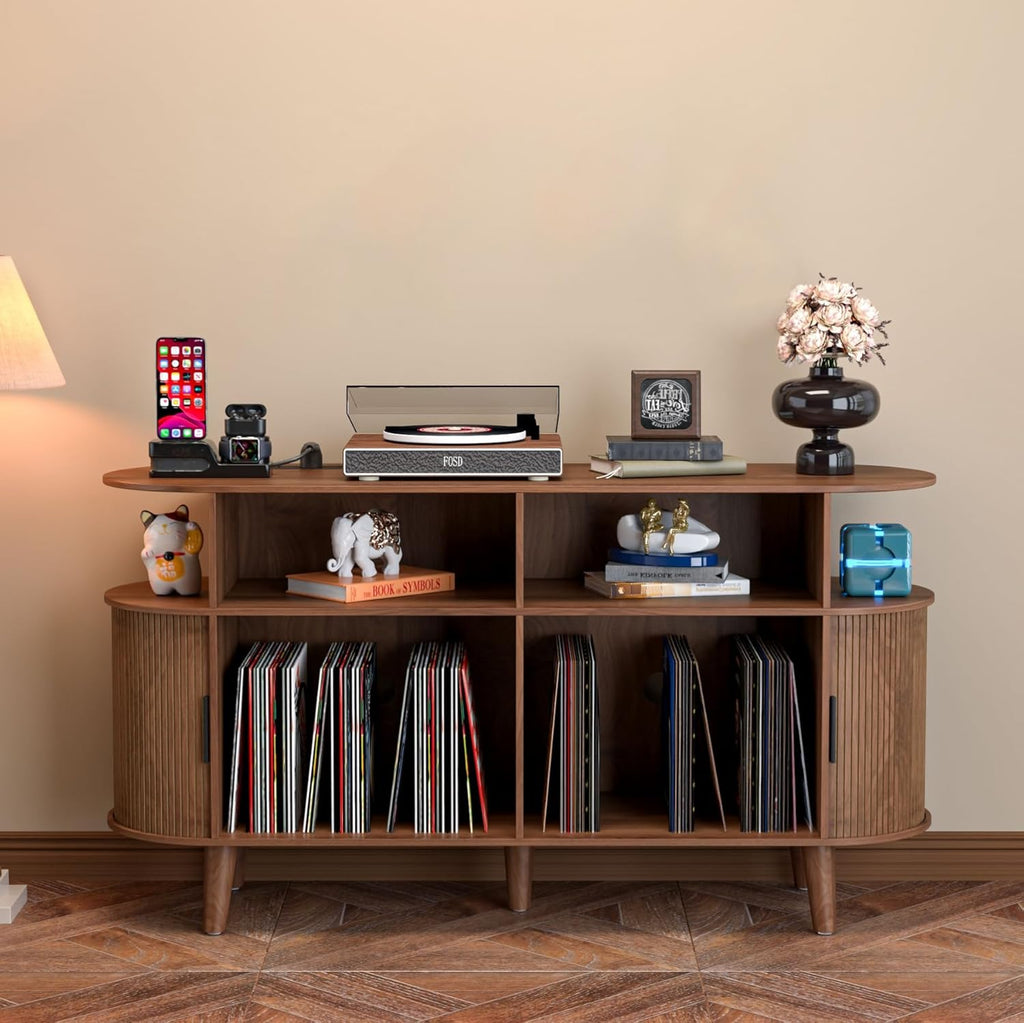 LUVIOHOME Large Round Record Player Stand with Charging Station & USB Ports，Record Storage Cabinet, Mid Century Modern Turntable Stand for Bedroom Living Room (Walnut)
