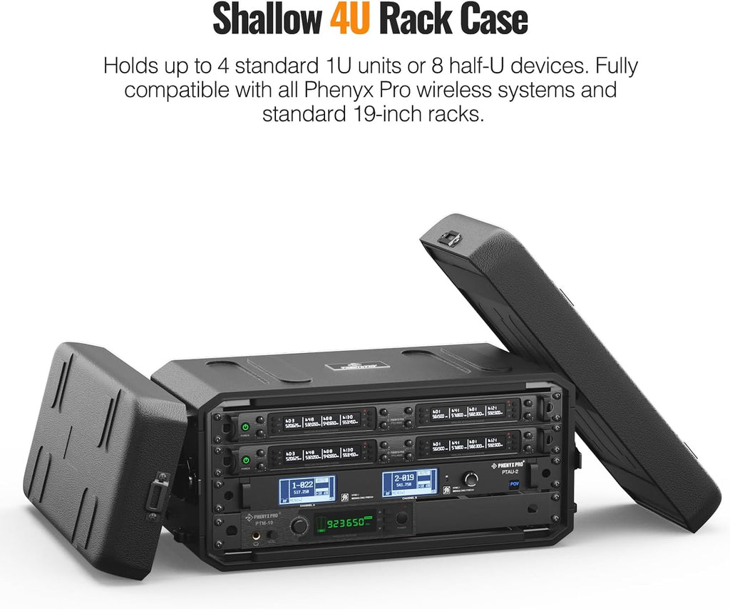 Phenyx Pro 4U Shallow Rack Case, 19' Rackmount Road Case, Detachable Front and Back Cover Storage, Shockproof & Waterproof, Server Rack Cabinet for Wireless Mic Systems, IEMs, Amplifiers (PRCSE-4U)