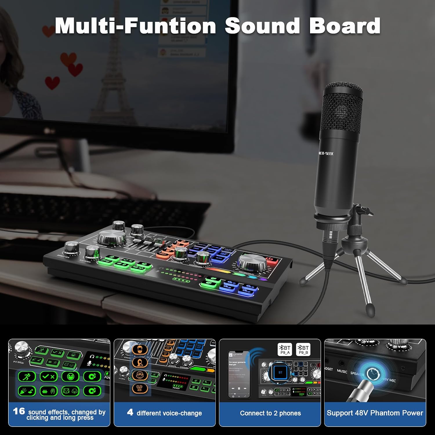Podcast Equipment Bundle for 2, Audio Interface, Voice Changer with 3.5mm Condenser Microphone, Dual BT Wireless, 48V Phantom Power Supply for PC/Smartphone/Laptop,Streaming Recording,TikTok