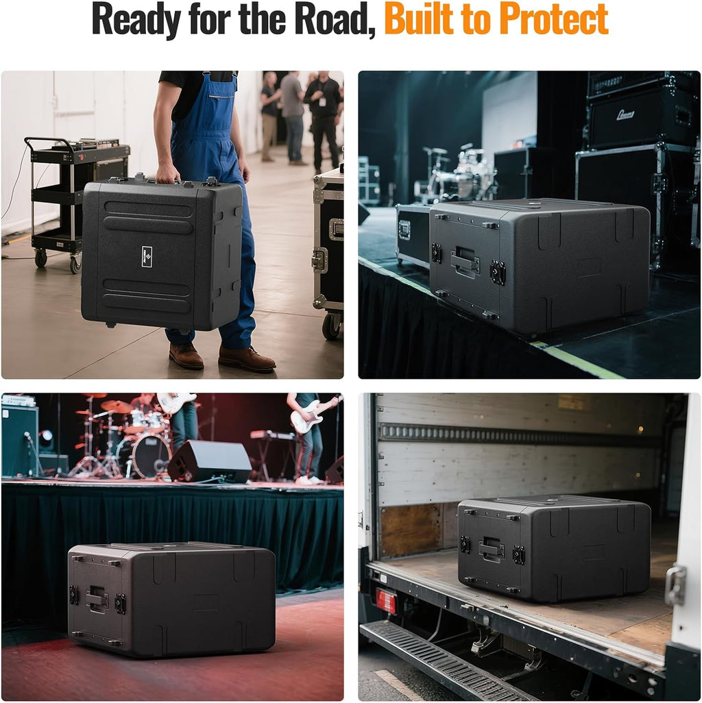 Phenyx Pro 6U Rack Case, 19' Rackmount Road Case, Detachable Front and Back Cover Storage, Shockproof & Waterproof, Audio Rack for Wireless Mic Systems, IEMs, Amplifiers (PRCSE-6UD)