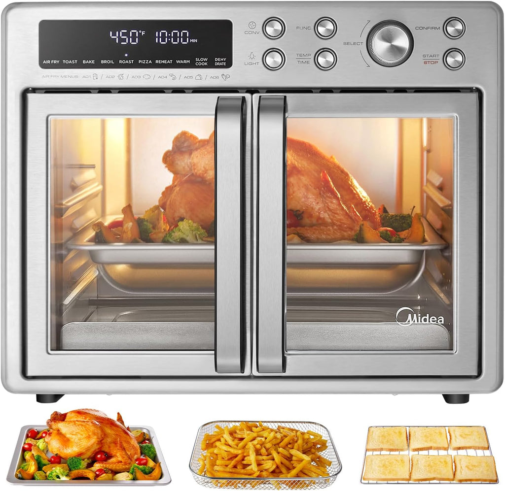 Midea Flexify Classic French Door Toaster Oven Air Fryer Combo, 10-in-1 Large Capacity 26.4 QT Countertop Oven, 25% Faster Cooking and 90% Less Oil, Stainless Steel