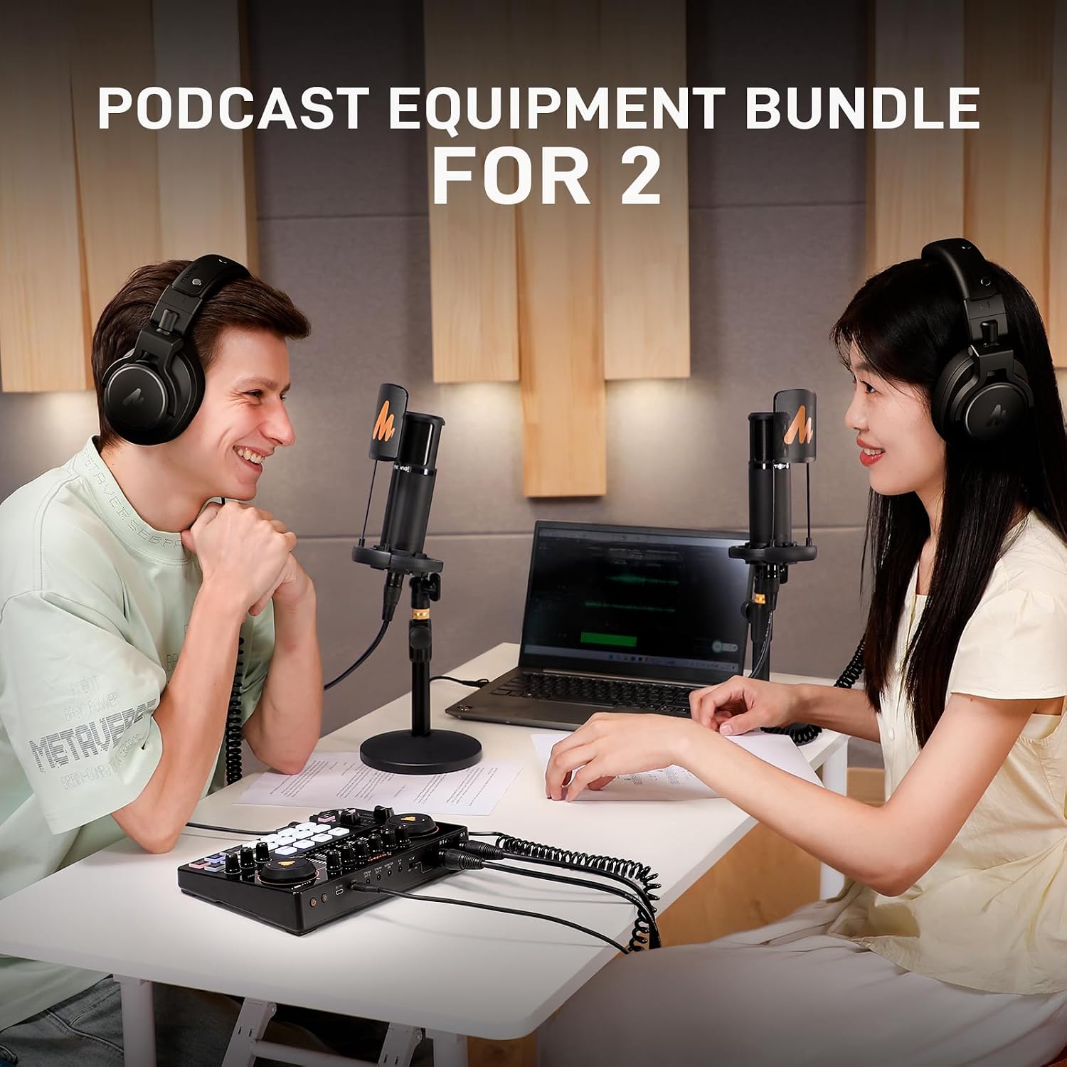 MAONO Podcast Equipment Bundle for 2: Audio Interface Mixer with 2 XLR Condenser Mic and 2 Headphone Podcast Streaming MaonoCaster E2 Gen2+2*PM320T+2*MH700