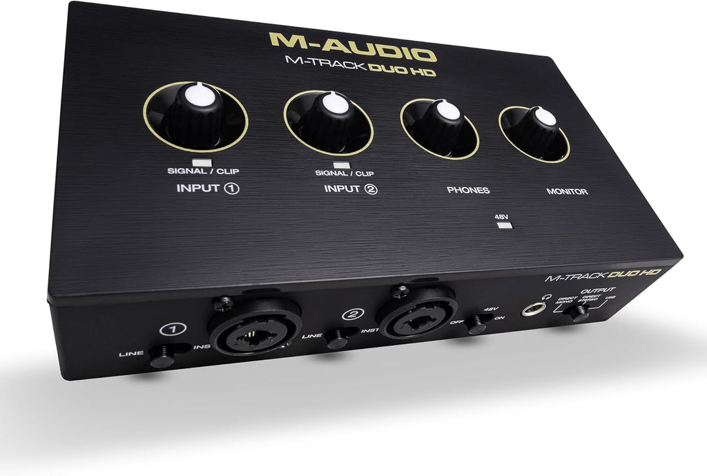 M-AUDIO M-Track Duo HD Audio Interface, M100 Condenser Microphone and HDH41 Studio Monitoring Headphones for Recording, Producers, Content Creators and Podcasters