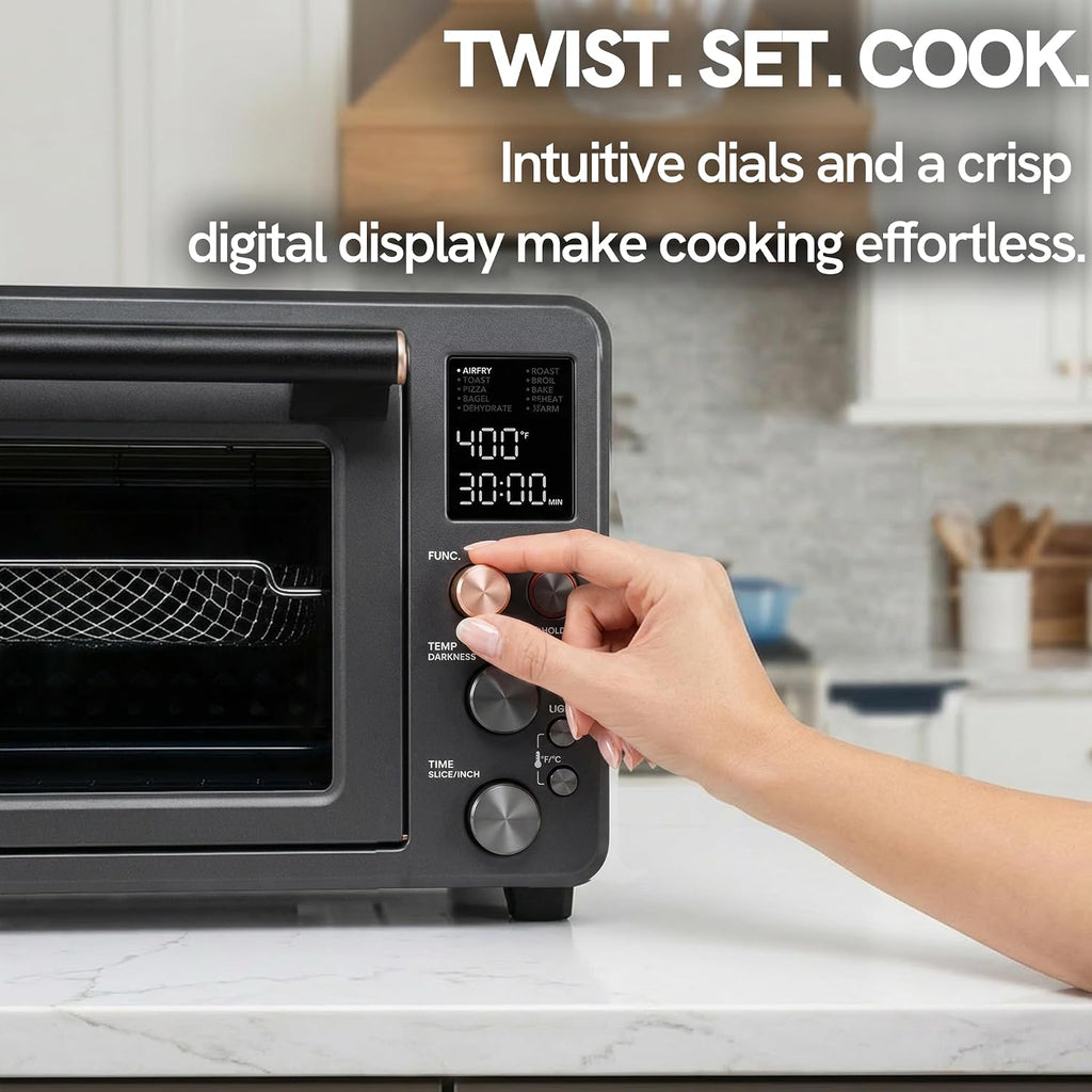 VAL CUCINA Non-Toxic Enamel Interior Air Fryer Toaster Oven Combo, 26.3 QT Countertop Convection Oven 10-in-1, Infrared Heating, Fits 12' Pizza & 6-Slice Toast, Easy Clean Enamel Baking Pan Included