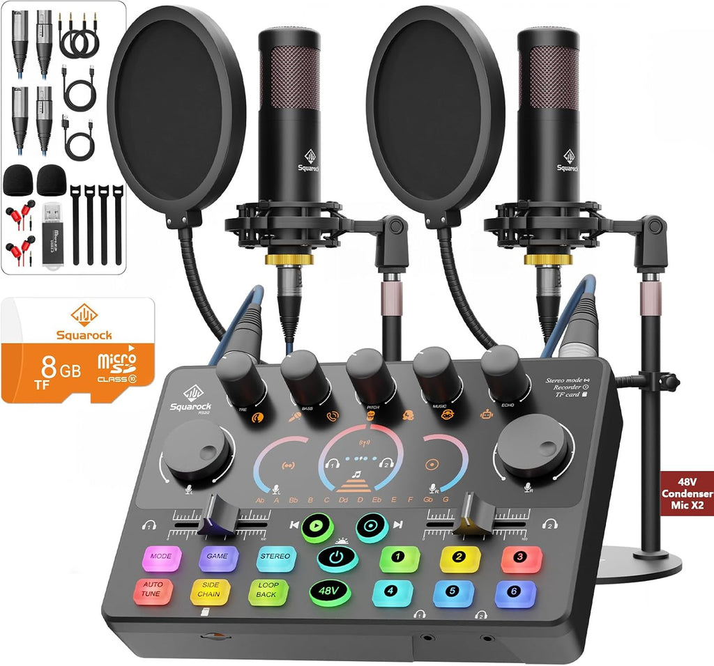 Podcast Equipment Bundle for 2, RGB Mixer with Premium 48V XLR Condenser Microphone Micro-SD card, Surround Sound, for Live Streaming/TikTok/YouTube, Compatible with iOS,Android,PC,Camera RS2i2