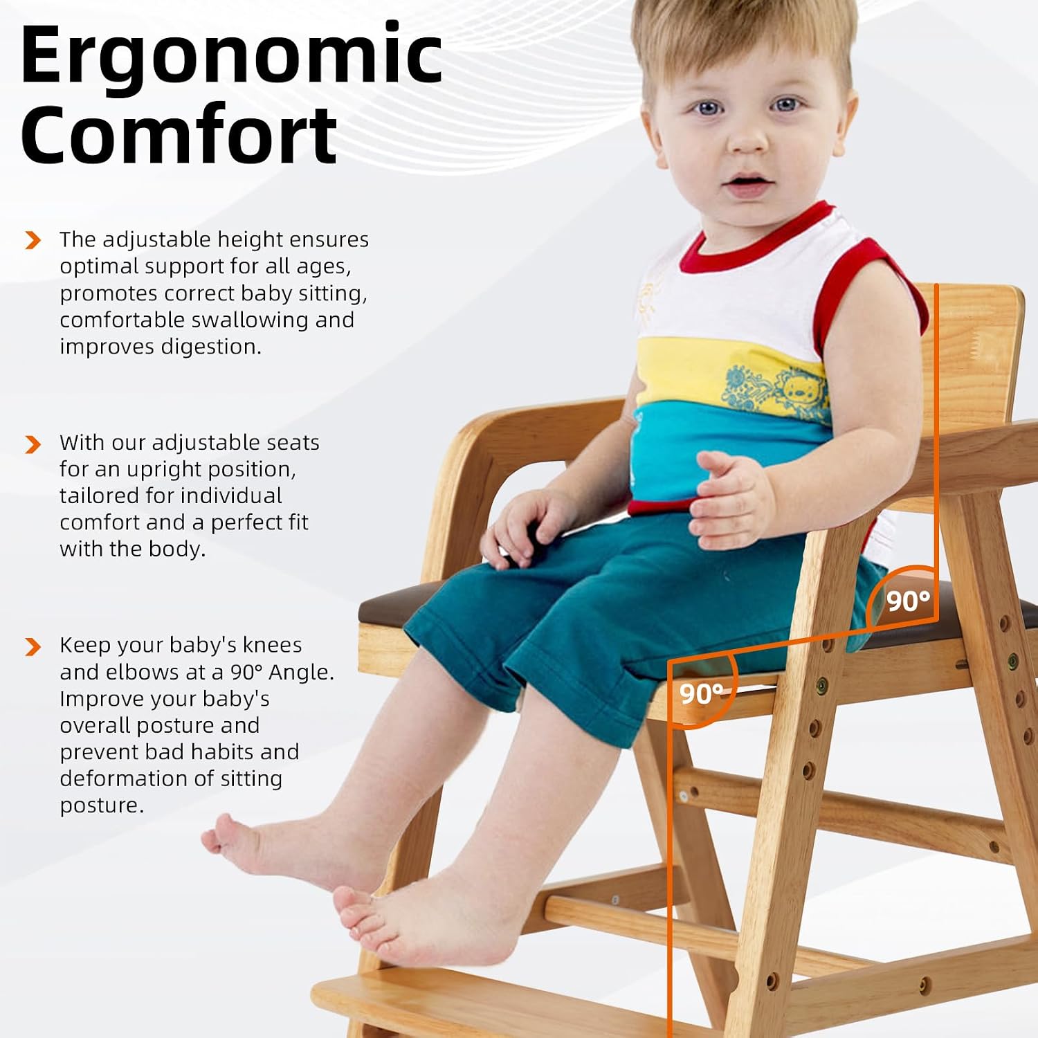 Wooden High Chair for Toddlers, Adjustable Baby Feeding Chair with Seat & Footrest, Grows with Child Dining Chair, Solid Wood Kids Learning Chair for Table, Study & Mealtime - Natural