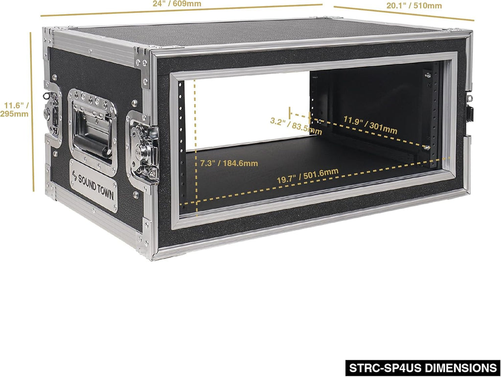 Sound Town Shock Mount 4U ATA Plywood Rack Case with 15' Rackable Depth, 4-Space Size, Pro Tour Grade (STRC-SP4US)