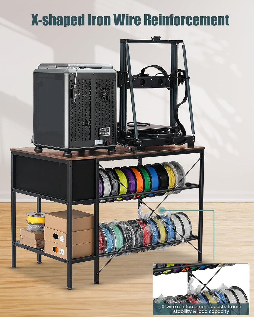 3D Printer Table with Filaments Storage - 3D Printer Stand Filament Storage Rack Heavy Duty 3D Printer Desk with Drawer for Workshop Studio Office (Brown)
