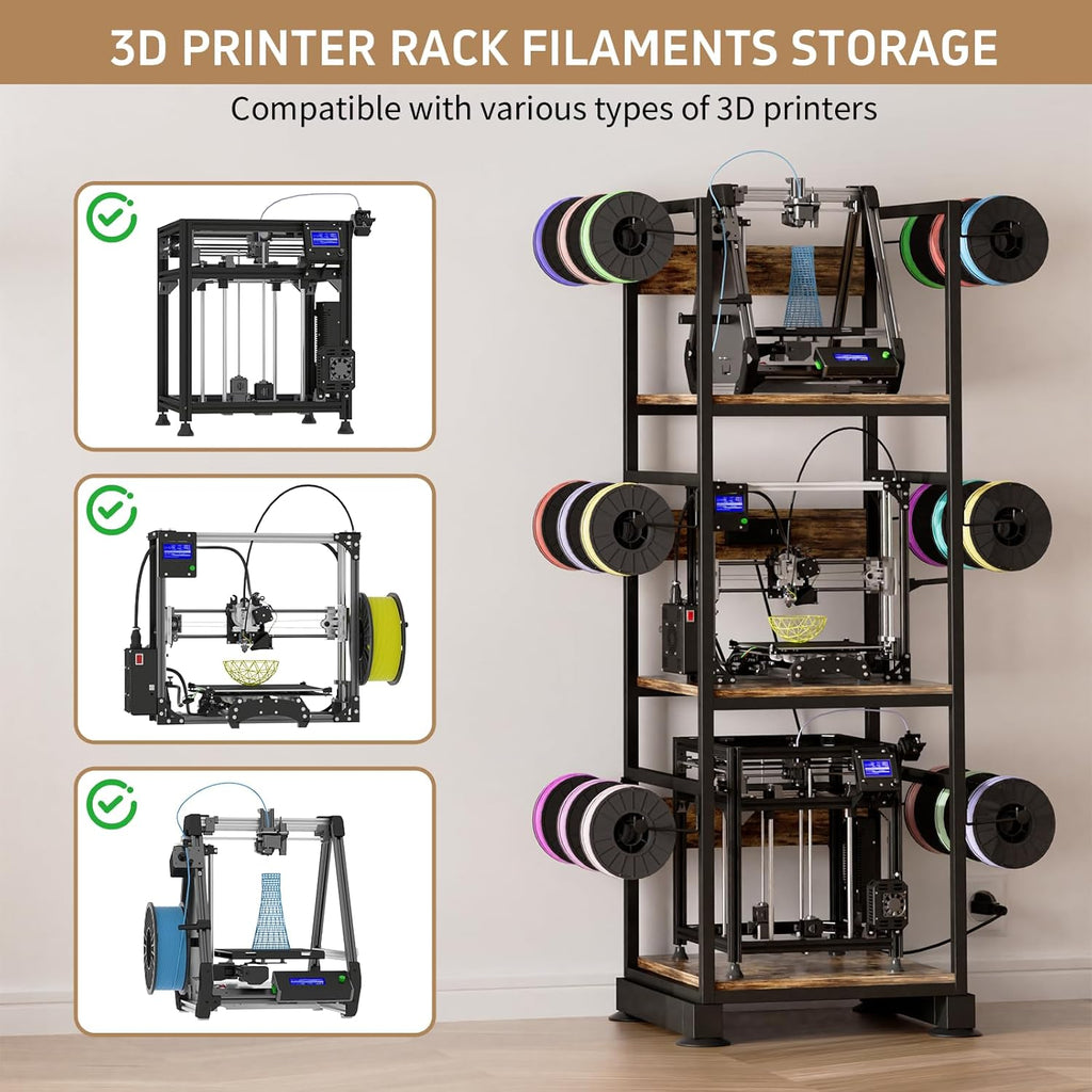 3D Printer Stand with Filament Storage,3D Printer Rack with Power Outlet,Heavy-Duty 3D Printer Storage Shelf for ABS/PLA/TPU Filament Spools,Perfect for 3D Printing Workshops, Retro Brown