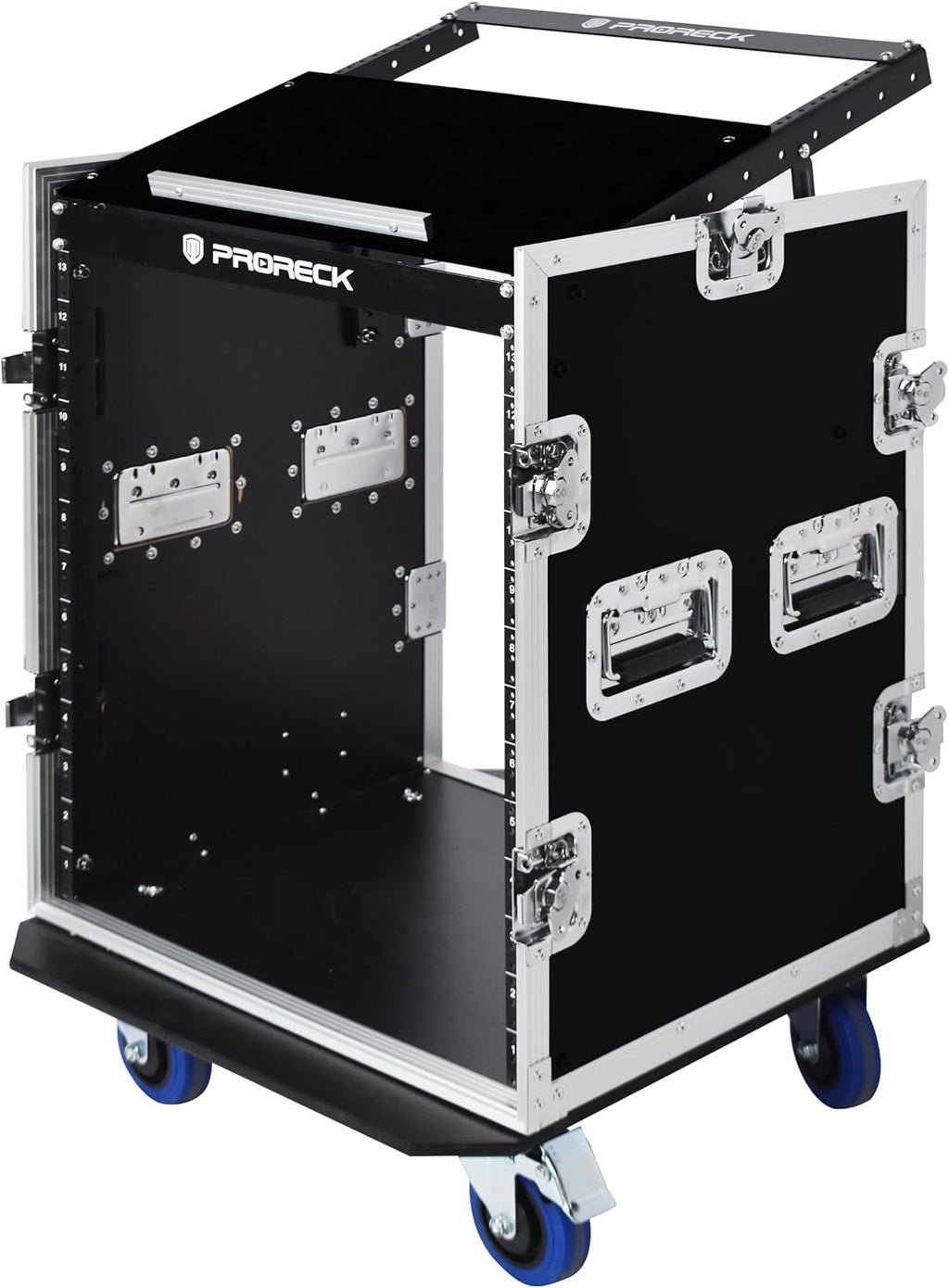 PRORECK 14U Rack/Road Case With Slant Mixer Top, And Casters, 20'' Rackable Depth, Plywood, 14U Installation Size, Pro Stage Performance.