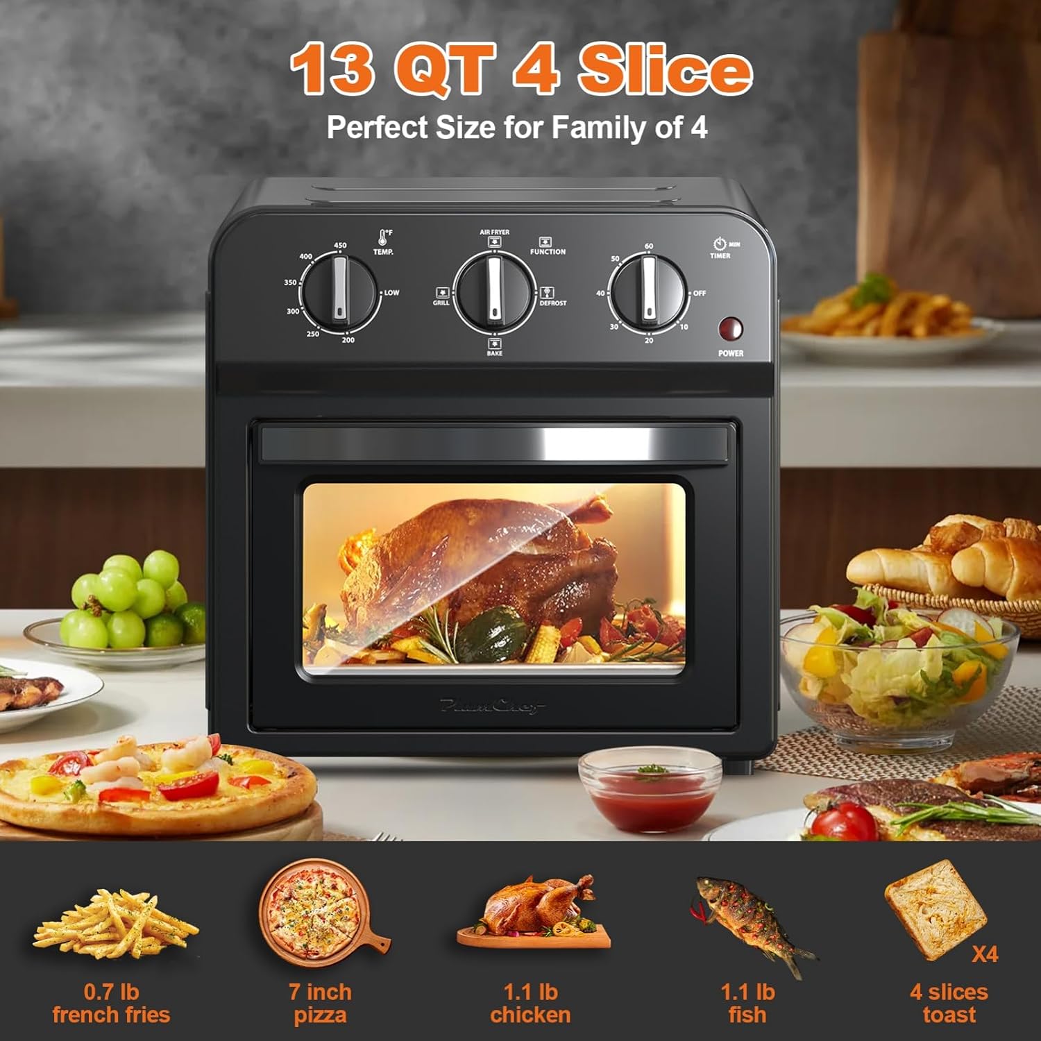 Family Size Air Fryer Toaster Oven Combo,360° Hot Air Circulation for Healthy Oil-Free Cooking, Multifunctional Convection Contertop Oven, Adjustable Time & Temp Control
