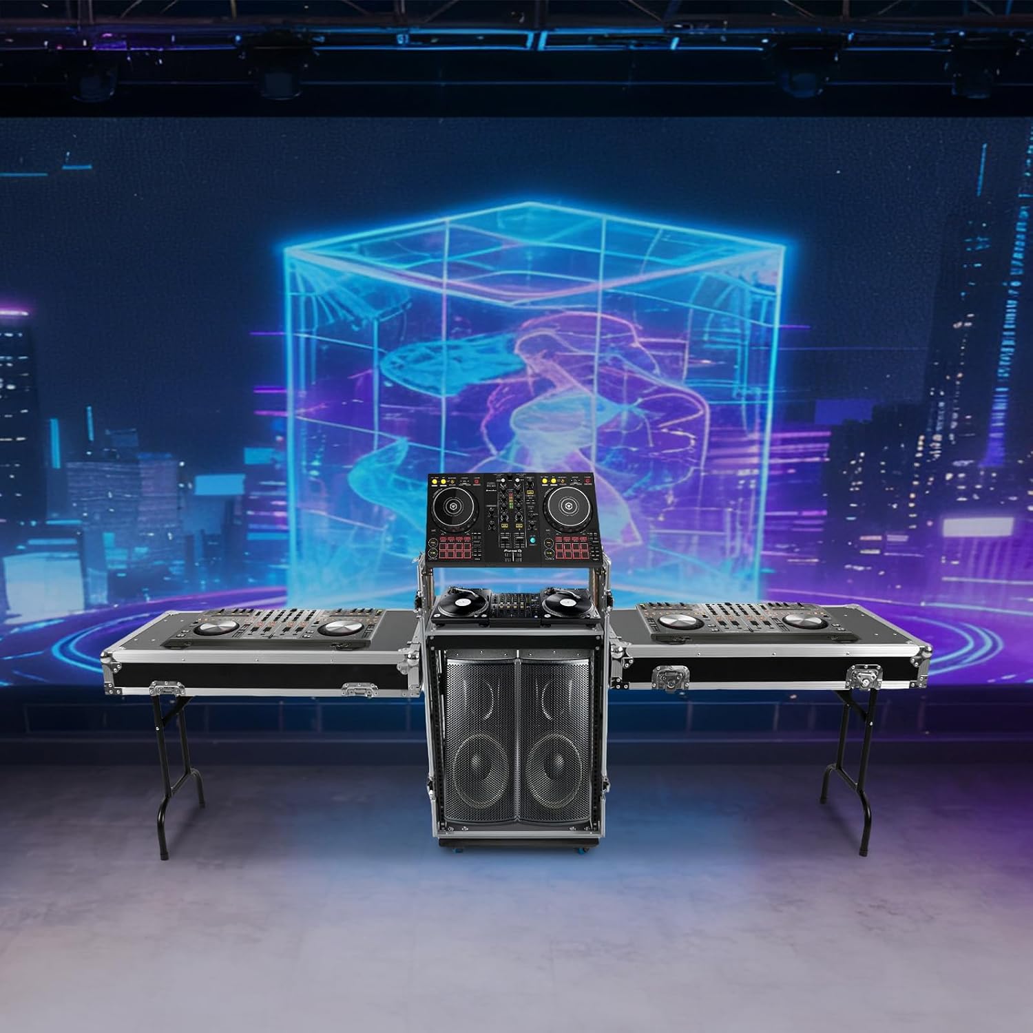 14U PA DJ Rack Case with 4 Wheels, Network and Stereo Rack, Heavy-Duty Double-Layer Studio Equipment Cabinet, Amplifier Mixer Storage Rack for Live Sound, KTV, and Home Theater