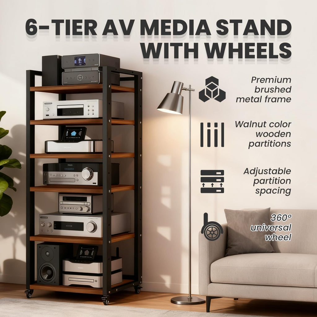 6-Tier AV Media Stand, Audio-Video Shelving with Wheels, Adjustable Media Console Cabinet, Modern Stereo Rack, Metal Media Shelf for Record Player, DVD, TV Box
