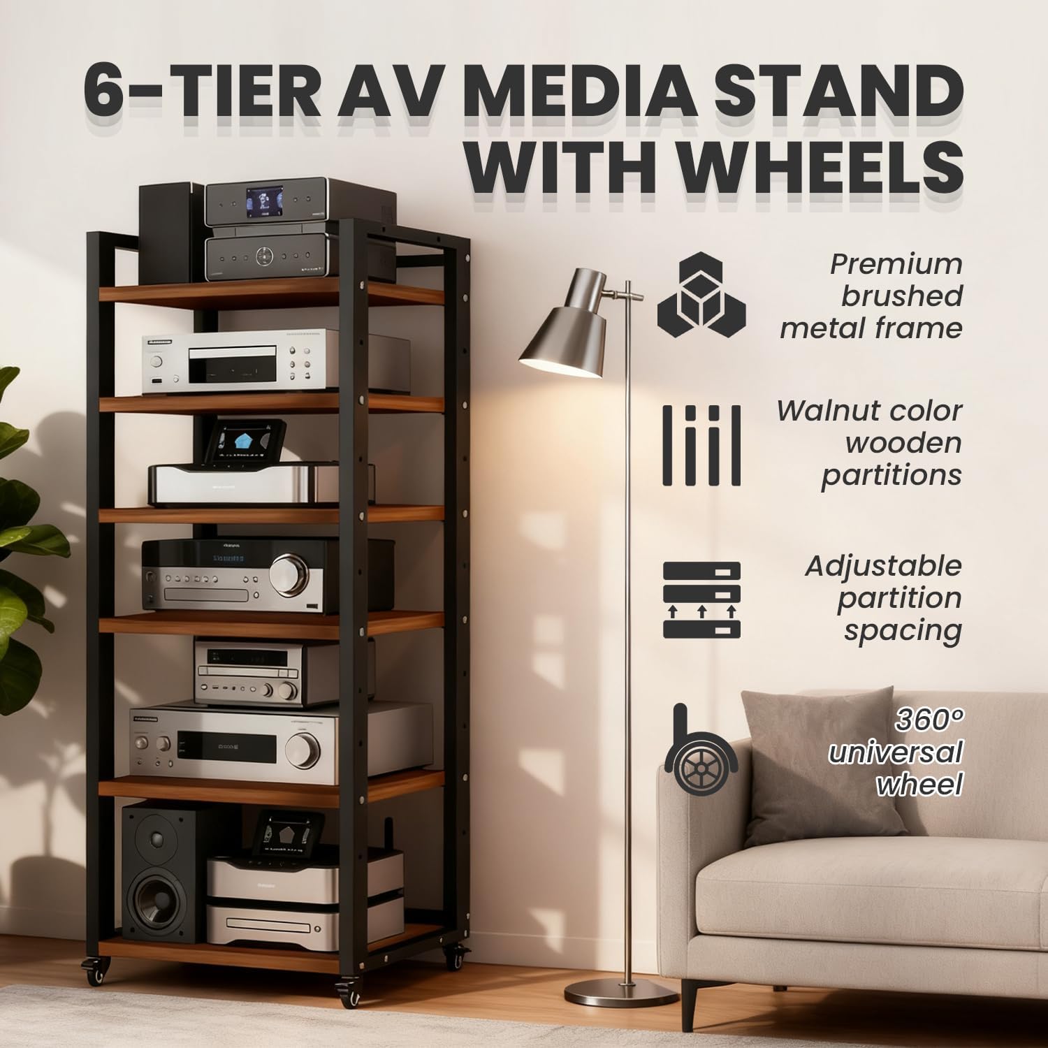 6-Tier AV Media Stand, Audio-Video Shelving with Wheels, Adjustable Media Console Cabinet, Modern Stereo Rack, Metal Media Shelf for Record Player, DVD, TV Box