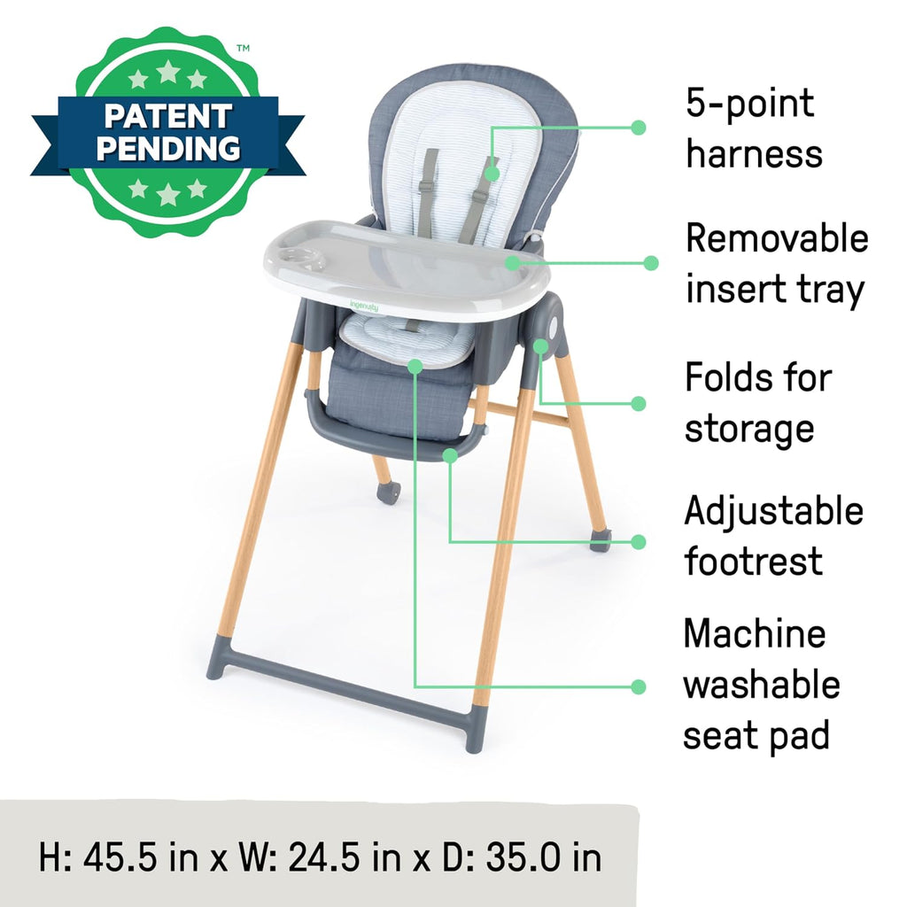 Ingenuity Proper Positioner Deluxe High Chair - 7-in-1 Convertible Baby Seat, Faux Wood Print Legs, Unisex, for Ages 0-36 Months