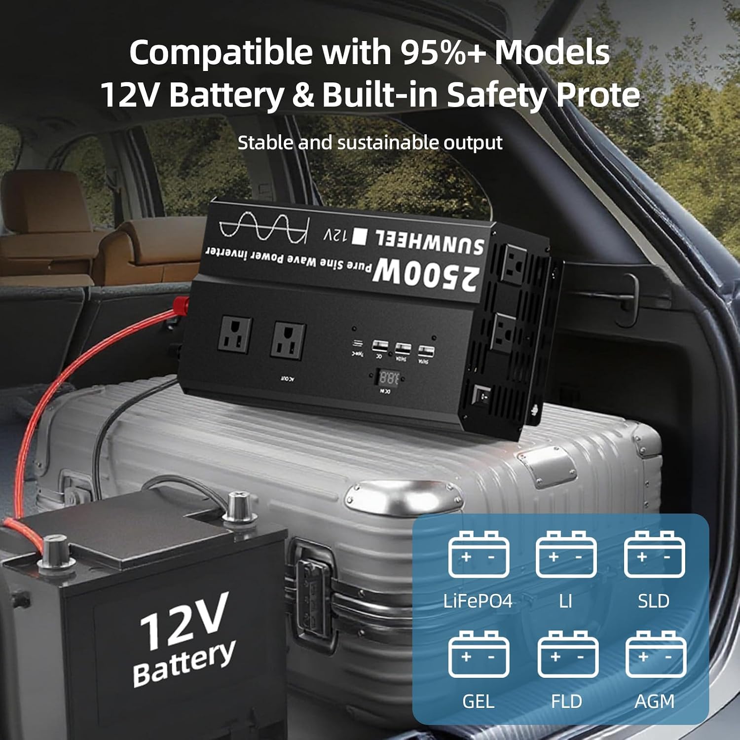 SUNWHEEL 2500W Pure Sine Wave Inverter, 12V DC to 110V/120V AC Power Inverter for RV、Off Grid、Refrigerator with 4 AC outlets and LCD Display