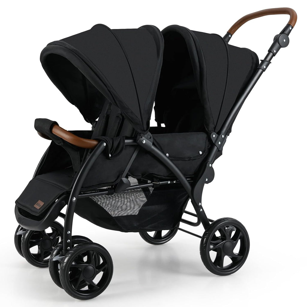 INFANS Double Stroller, Foldable Baby Tandem Stroller with Djustable Backrest Canopy Footrest, 5-Point Harness, Storage Basket, Convertible Compact Twin Stroller for Infants and Toddlers