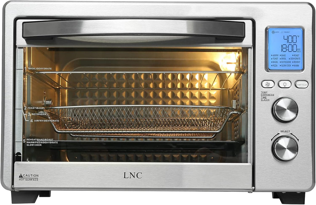LNC Air Fryer Oven, 34QT Extra Large 1750W Toaster Air Fryer Combo, 12' Pizza Convection Oven Countertop, 12-in-1 with 4 Accessories, Stainless Steel, Silver