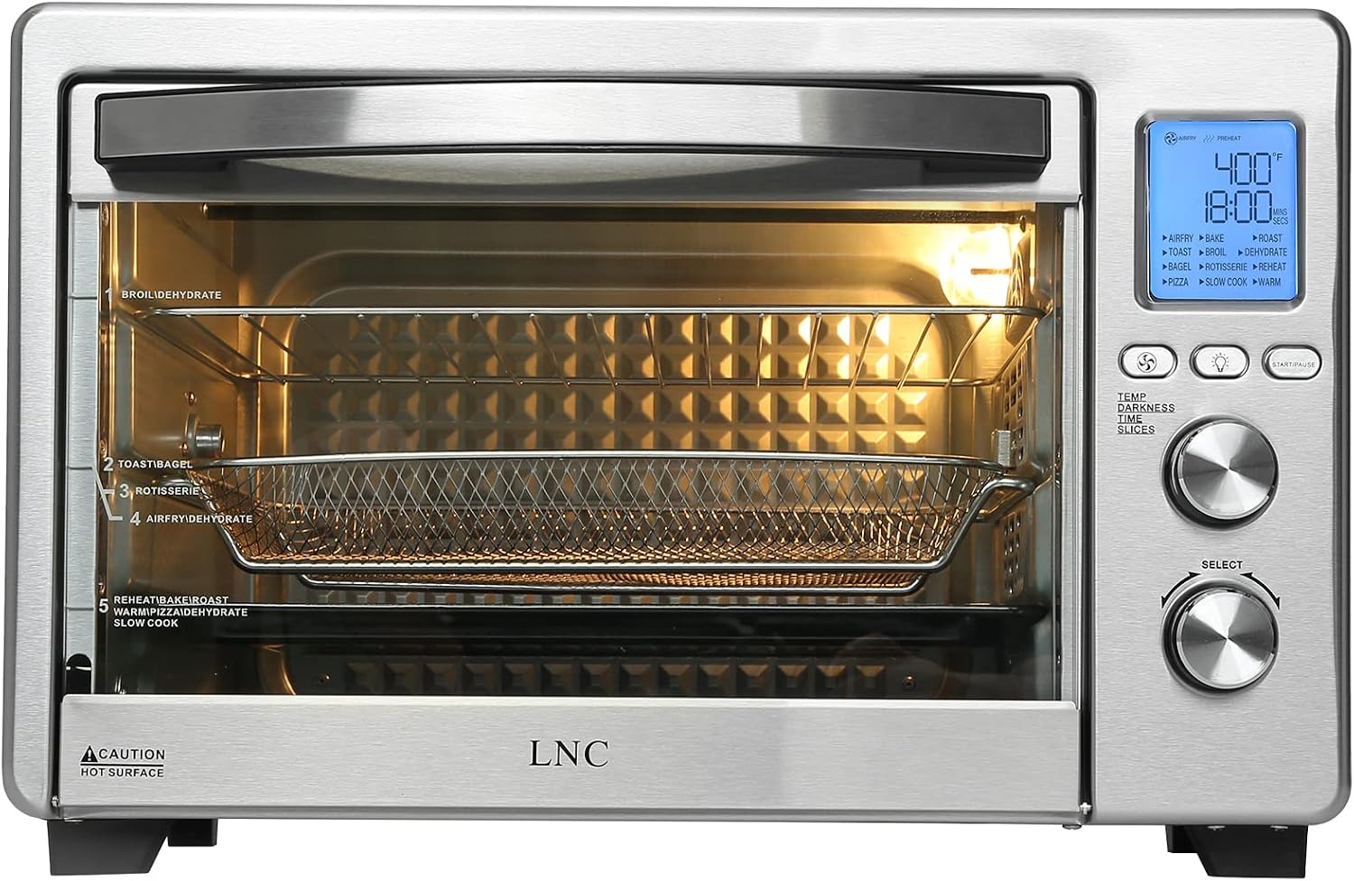 LNC Air Fryer Oven, 34QT Extra Large 1750W Toaster Air Fryer Combo, 12' Pizza Convection Oven Countertop, 12-in-1 with 4 Accessories, Stainless Steel, Silver