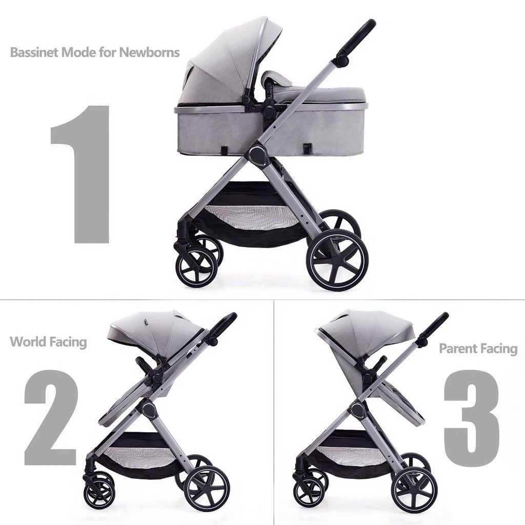 Lortsybab 2 in 1 Baby Stroller, Newborn Infant Toddler Convertible Pram Stroller for 0-36 Months Old Babies (Grey)