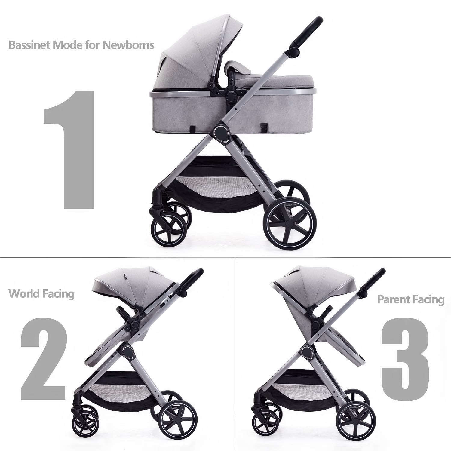 Lortsybab 2 in 1 Baby Stroller, Newborn Infant Toddler Convertible Pram Stroller for 0-36 Months Old Babies (Grey)