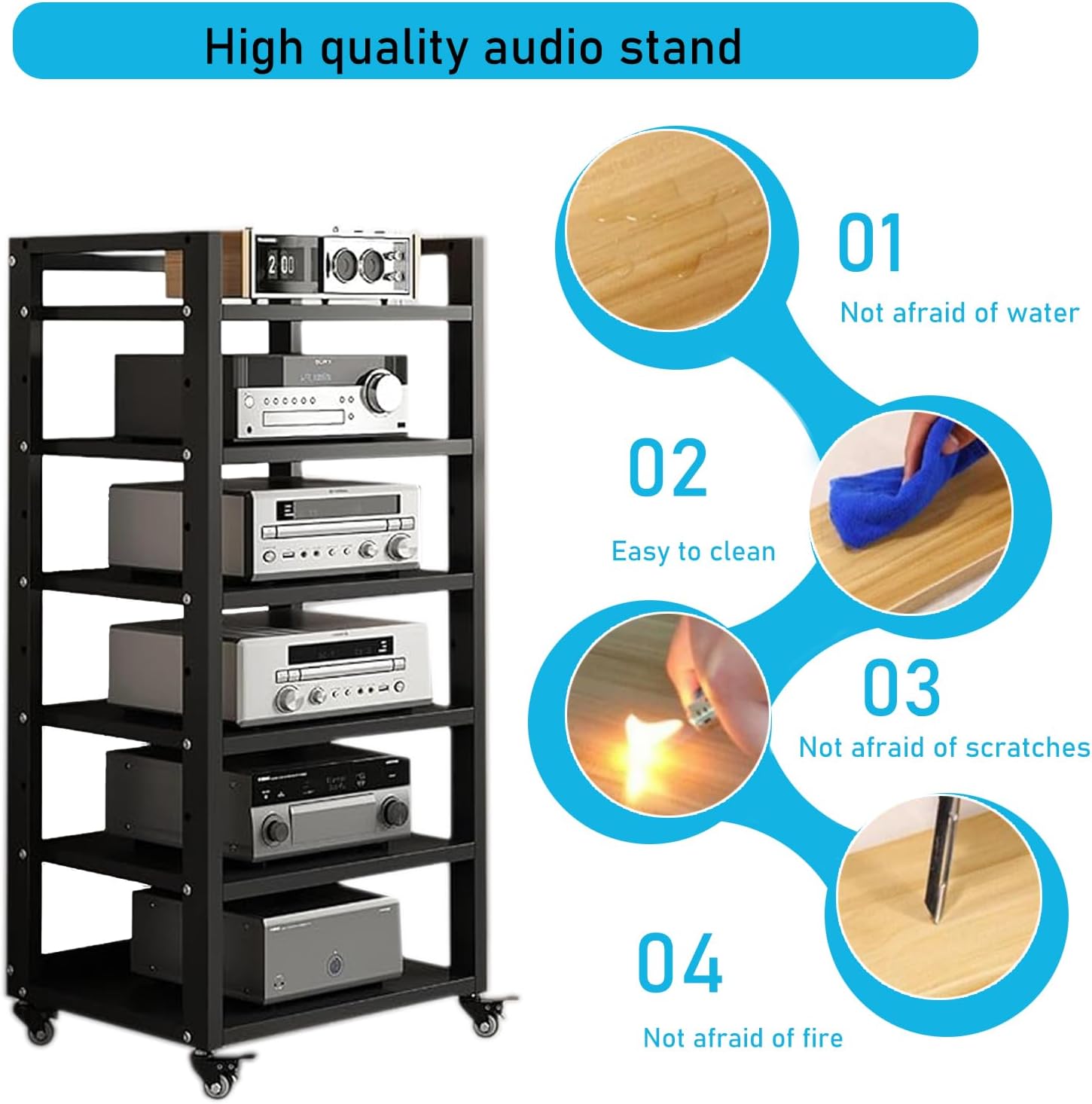 6 Tier Audio Rack Tower, CD Record Player Stereo Receiver AV Equipment Cabinet Display Rack, Weight Capacity 661 lbs, with Adjustable Wooden Shelves for Home (6 Tier Black)