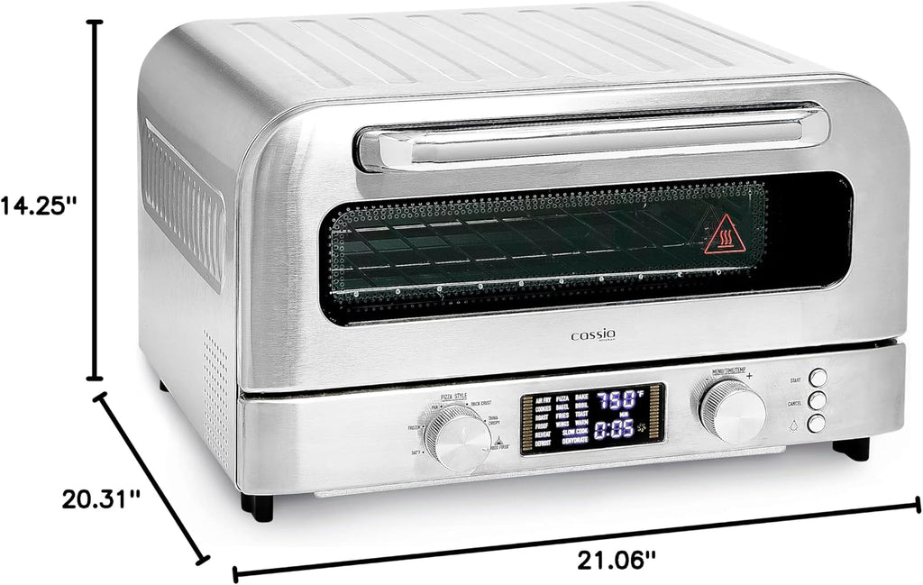 Cassia Countertop Electric Air Fryer Pizza Oven, 12' Capacity, 20L, 1800W, Heats up to 750°F, 16 Presets, Includes Pizza Stone, Peel, Fry Basket, Stainless Steel