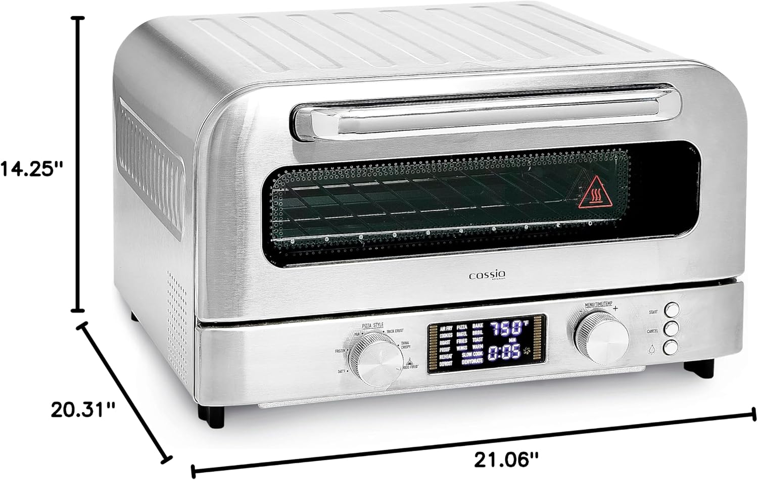 Cassia Countertop Electric Air Fryer Pizza Oven, 12' Capacity, 20L, 1800W, Heats up to 750°F, 16 Presets, Includes Pizza Stone, Peel, Fry Basket, Stainless Steel