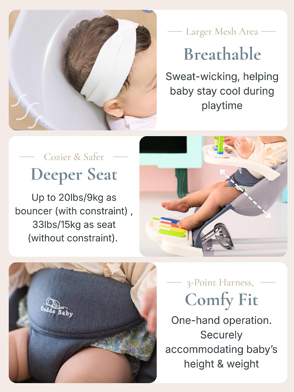 CuddoBaby Baby Bouncer 4-in-1 on Wheels |Detachable Pianos, Feeding Tray| 3-Level Recline Foldable Seat with Play Bar for Infant to Toddler 0-6, 0-12, 12-24 Months, Girl Gift Idea - Pink